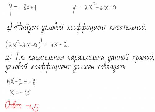 Прямая y=-8x+1 параллельна касательной к графику функции y=2x^2-2x+9. найдите абсциссу точки касания