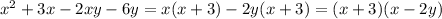 x^{2}+3x-2xy-6y=x(x+3)-2y(x+3)=(x+3)(x-2y)