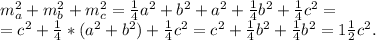 m^2_a+m^2_b+m^2_c=\frac{1}{4}a^2+b^2+a^2+\frac{1}{4}b^2+\frac{1}{4}c^2=\\=c^2+\frac{1}{4}*(a^2+b^2)+\frac{1}{4}c^2=c^2+\frac{1}{4}b^2+\frac{1}{4}b^2=1\frac{1}{2}c^2.