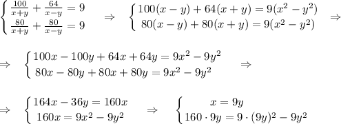 \displaystyle \left \{ {{ \frac{100}{x+y}+ \frac{64}{x-y}=9} \atop {\frac{80}{x+y}+\frac{80}{x-y}=9}} \right. ~~~\Rightarrow~~ \left \{ {{100(x-y)+64(x+y)=9(x^2-y^2)} \atop {80(x-y)+80(x+y)=9(x^2-y^2)}} \right. ~\Rightarrow\\ \\ \\ \Rightarrow~~ \left \{ {{100x-100y+64x+64y=9x^2-9y^2} \atop {80x-80y+80x+80y=9x^2-9y^2~~}} \right. ~~~\Rightarrow~~~\\ \\ \\ \Rightarrow~~\left \{ {{164x-36y=160x} \atop {160x=9x^2-9y^2}} \right. ~~~\Rightarrow~~~ \left \{ {{x=9y~~~~~~~~~~} \atop {160\cdot9y=9\cdot(9y)^2-9y^2}} \right.