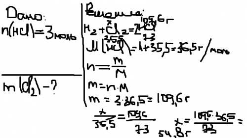 Определить массу хлора необходимой для получения hcl колличеством 3 моль