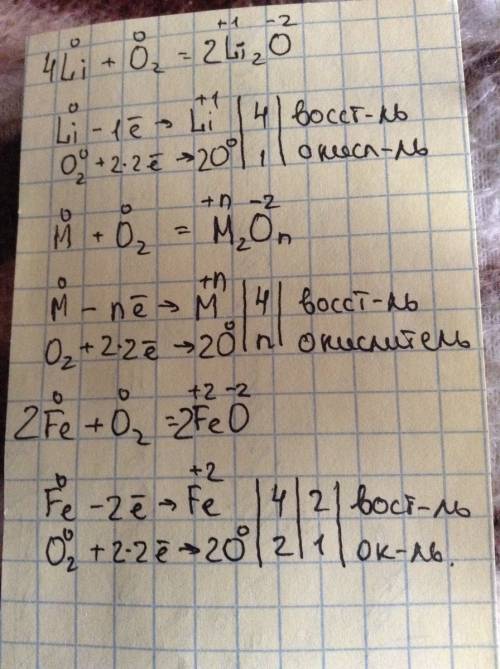 Запишите уравнения реакций: li + o2 = m + o2 = fe + o2 = рассмотрите окислительно-восстановительные