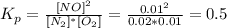 K_p = \frac{[NO]^2}{[N_2]^*[O_2]} = \frac{0.01^2}{0.02*0.01} = 0.5