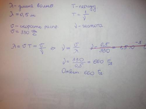 Какова частота колебаний комертона,если длина звуковой волны 50см,а скорость ра волн 330 м/с.опишите