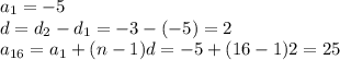 a_{1}=-5 \\ d=d_{2}-d_{1}=-3-(-5)=2 \\ a_{16}=a_{1}+(n-1)d=-5+(16-1)2=25