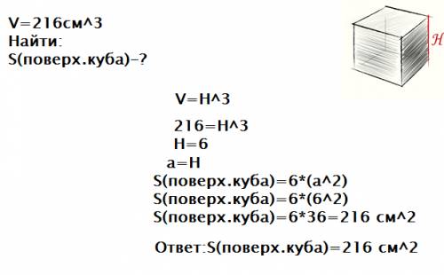 Найдите площадь поверхности куда ,если его объем 216 см³