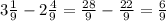 3 \frac{1}{9}- 2 \frac{4}{9}= \frac{28}{9}- \frac{22}{9} = \frac{6}{9}