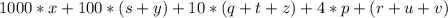 1000*x+100*(s+y)+10*(q+t+z)+4*p+(r+u+v)