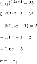 ( \frac{1}{125})^{0,2x+1}=25\\\\5^{-3(0,2x+1)}=5^2\\\\-3(0,2x+1)=2\\\\-0,6x-3=2\\\\-0,6x=5\\\\x=-8 \frac{1}{3}