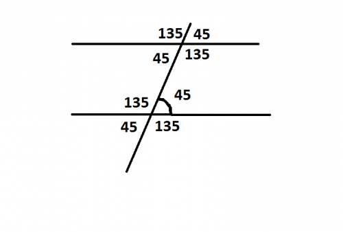 Один из накрест лежащих углов ,образованных при пересечении двух прямых третьей прямой, равен 45 гра