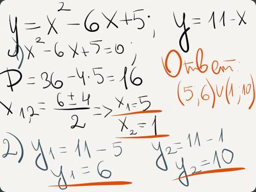 Найдите площадь фигуры (без графика): y= x^2-6x+5, y=11-x