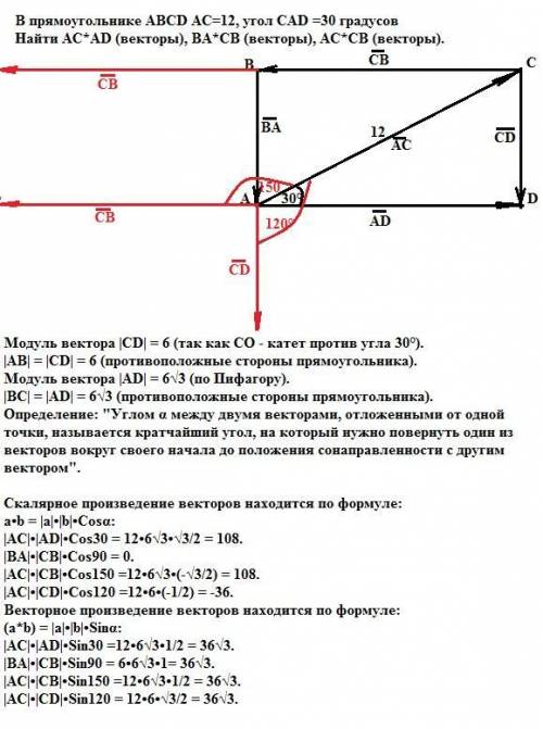 Впрямоугольнике abcd ac=12, угол саd =30 градусов найти ас*аd (векторы) ва*св (векторы) ас*св (векто