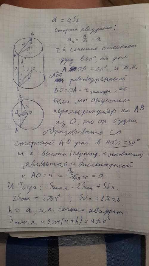 Цилинд пересечен плоскостью, параллельной оси, так, что в сечении получился квадрат с диагональю, ра