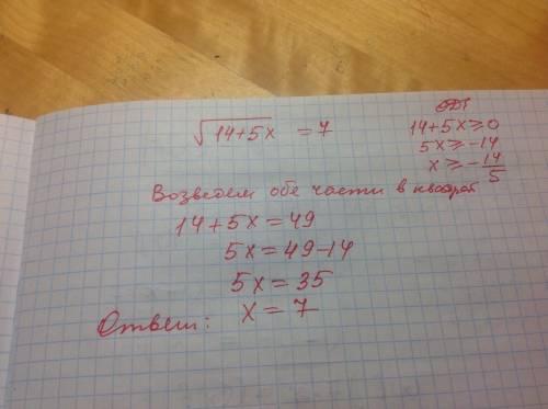 Найдите корень уравнения. корень 14+5х=7