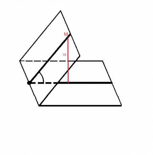 Дан двугранный угол,который равен 60 градусов. точка м лежащая в одной из его граней,удалена на 18 с