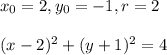 x_0=2, y_0=-1, r=2\\\\(x-2)^2+(y+1)^2=4