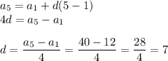 a_5=a_1+d(5-1)\\4d=a_5-a_1\\\\d=\dfrac {a_5-a_1}4=\dfrac{40-12}4=\dfrac{28}4=7