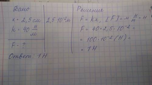 Под действием какой силы пружина растянулась на 2,5 см? жесткость пружины равна 40 h/m