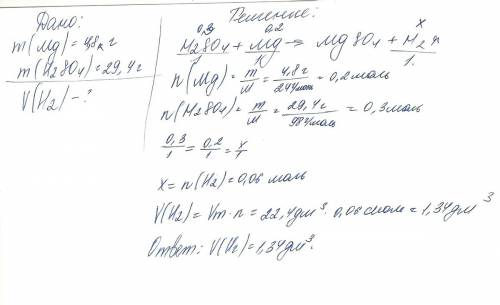 Вычислите объём водорода, который образуется при взаимодействии магния массой 4,8 г. с серной кислот