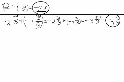 Вычислите сумму а) 1,2+(-8); б) -2 1дробь3+(-1 7дробь9)