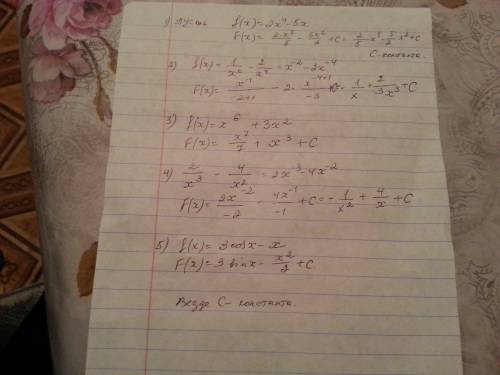 Найти первообразные данной функции 1) 2x^4-5x 2) 1/x^2 - 2/x^4 3) x^6 + 3x^2 4) 2/x^3 - 4/x^2 5) 3co