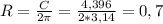 R = \frac{C}{ 2 \pi } = \frac{4,396}{ 2 *3,14 } = 0,7