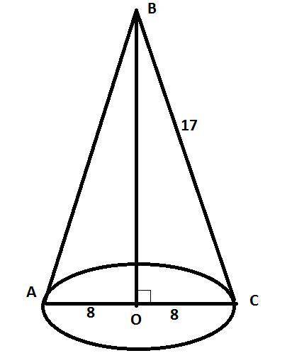 Твірна конуса = 17 см, а діаметр його основи = 16 см. знайдіть обєм конуса.