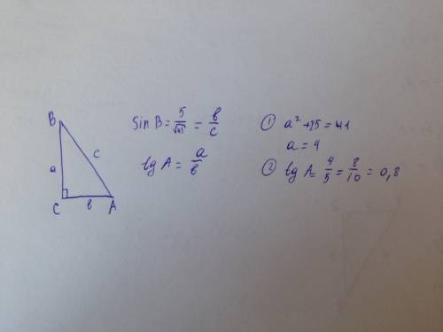 Втреугольнике abc угол c равен 90 градусов, sin b=5\корень41, чему равен tg a
