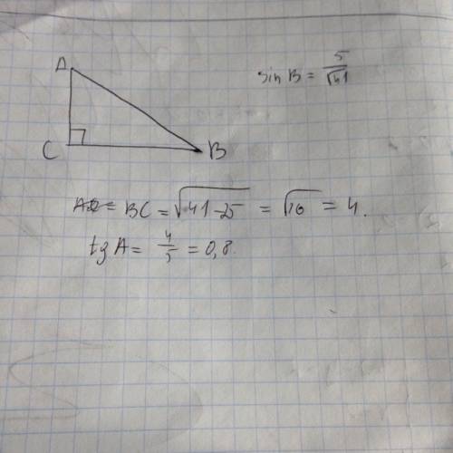 Втреугольнике abc угол c равен 90 градусов, sin b=5\корень41, чему равен tg a