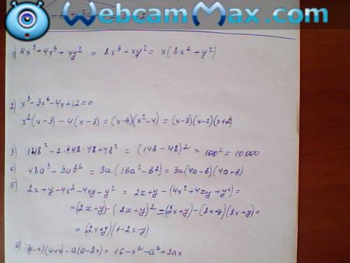 Разложить на множители: 4x^3+4x^3+xy^2, 148^2-2*148*48+48^2, 48a^3-3ab^2, 2x+y-4x^2-4xy-y^2, (4-x)(4