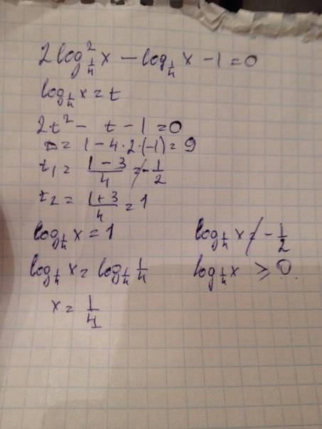 Решить уравнение 2 log^21/4x-log1/4x-1=0