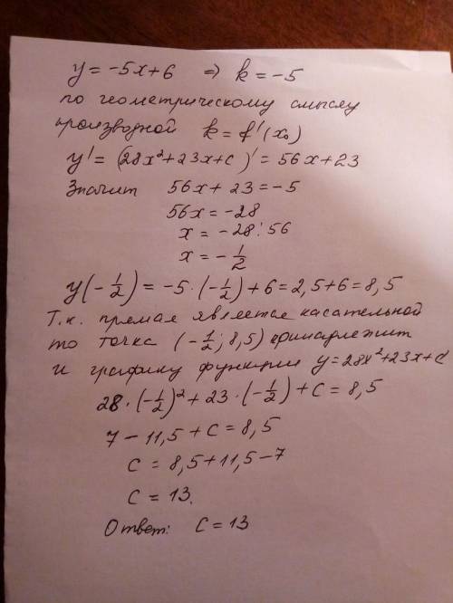 Прямая y = -5x + 6 является касательной к графику функции y = 28x2 + 23x + c . найдите c.