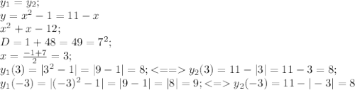 y_1=y_2;\\&#10;y=x^2-1=11-x\\&#10;x^2+x-12;\\&#10;D=1+48=49=7^2;\\&#10;x=\frac{-1+7}{2}=3;\\&#10;y_1(3)=|3^2-1|=|9-1|=8;<==y_2(3)=11-|3|=11-3=8;\\&#10;y_1(-3)=|(-3)^2-1|=|9-1|=|8|=9;<=y_2(-3)=11-|-3|=8\\&#10;