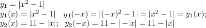 y_1=|x^2-1|\\&#10;y_1(x)=|x^2-1|\ \ \ y_1(-x)=|(-x)^2-1|=|x^2-1|=y_1(x);\\&#10;y_2(x)=11-|x|;\ \ y_2(-x)=11-|-x|=11-|x|