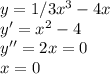 y=1/3x^3-4x\\&#10;y'=x^2-4\\&#10;y''=2x=0\\&#10;x=0