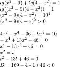 lg(x^2-9)+lg(4-x^2)=1\\&#10; lg((x^2-9)(4-x^2))=1\\&#10; (x^2-9)(4-x^2)=10^1\\&#10; (x^2-9)(4-x)^20\\&#10; \\&#10; 4x^2-x^4-36+9x^2=10\\&#10; -x^4+13x^2-46=0\\&#10; x^4-13x^2+46=0\\&#10; x^2=t\\&#10; t^2-13t+46=0\\&#10; D=169-4*1*46 <0