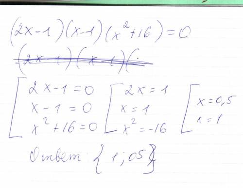 Решить уравнение: (2x-1)(x-1)(x^2+16)=0