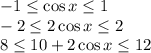 -1 \leq \cos x \leq 1&#10;\\\&#10;-2 \leq 2\cos x \leq 2&#10;\\\&#10;8 \leq10+ 2\cos x \leq 12