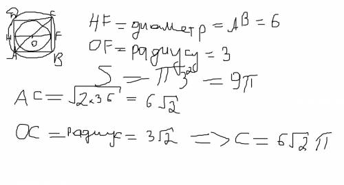 Решите : ) 1. авсд- квадрат,ав =6 найти а) площадь круга, вписанного в квадрат, б) длину окружности,