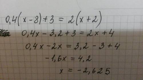 Решите уравнение: 0,4(x-8)+3=2(x+2)