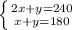 \left \{ {{2x+y=240} \atop {x+y=180}} \right.