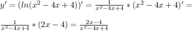 y'=(ln(x^2-4x+4))'=\frac{1}{x^2-4x+4}*(x^2-4x+4)'=\\\\\frac{1}{x^2-4x+4}*(2x-4)=\frac{2x-4}{x^2-4x+4}