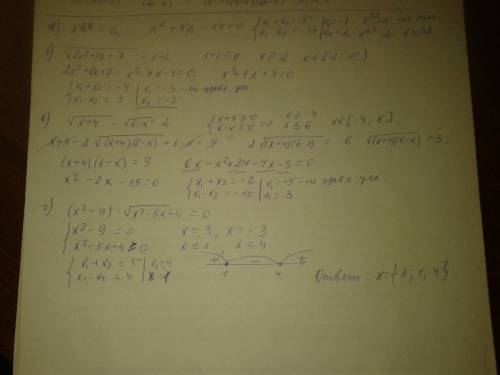 Решите неравенства: а) (x^0,4) + 5(x^0,2) - 14 = 0 б) sqrt(2(x^2) + 8x + 7) - 2 = x в) sqrt(x + 4) -