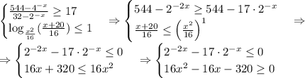 \begin{cases}\frac{544-4^{-x}}{32-2^{-x}}\geq17\\\log_{\frac{x^2}{16}}(\frac{x+20}{16})\leq1\end{cases}\Rightarrow\begin{cases}544-2^{-2x}\geq544-17\cdot2^{-x}\\\frac{x+20}{16}\leq\left(\frac{x^2}{16}\right)^1\end{cases}\Rightarrow\\\Rightarrow\begin{cases}2^{-2x}-17\cdot2^{-x}\leq0\\16x+320\leq16x^2\end{cases}\Rightarrow\begin{cases}2^{-2x}-17\cdot2^{-x}\leq0\\16x^2-16x-320\geq0\end{cases}