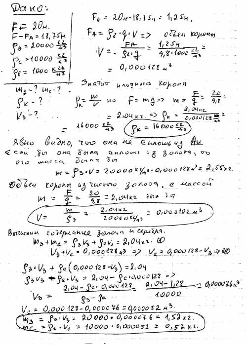 Решить предположив что золотая корона царя гиерона в воздухе весит 20 н , а в воде 18.75 н, вычислит