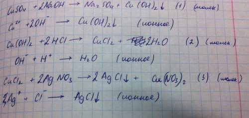 Сульфат меди 2 - гидроксид меди 2 - хлорид меди 2 - нитрат меди 2 написать молекулярные и ионные ура