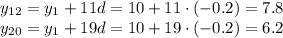 y_{12}=y_1+11d=10+11\cdot(-0.2)=7.8\\ y_{20}=y_1+19d=10+19\cdot(-0.2)=6.2