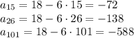 a_{15}=18-6\cdot15=-72\\ a_{26}=18-6\cdot26=-138\\ a_{101}=18-6\cdot101=-588