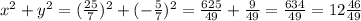 x^{2} +y^{2}=( \frac{25}{7})^{2}+(- \frac{5}{7})^{2}= \frac{625}{49}+ \frac{9}{49}= \frac{634}{49}=12 \frac{46}{49}