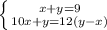 \left \{ {{x+y=9} \atop {10x+y=12(y-x)}} \right.